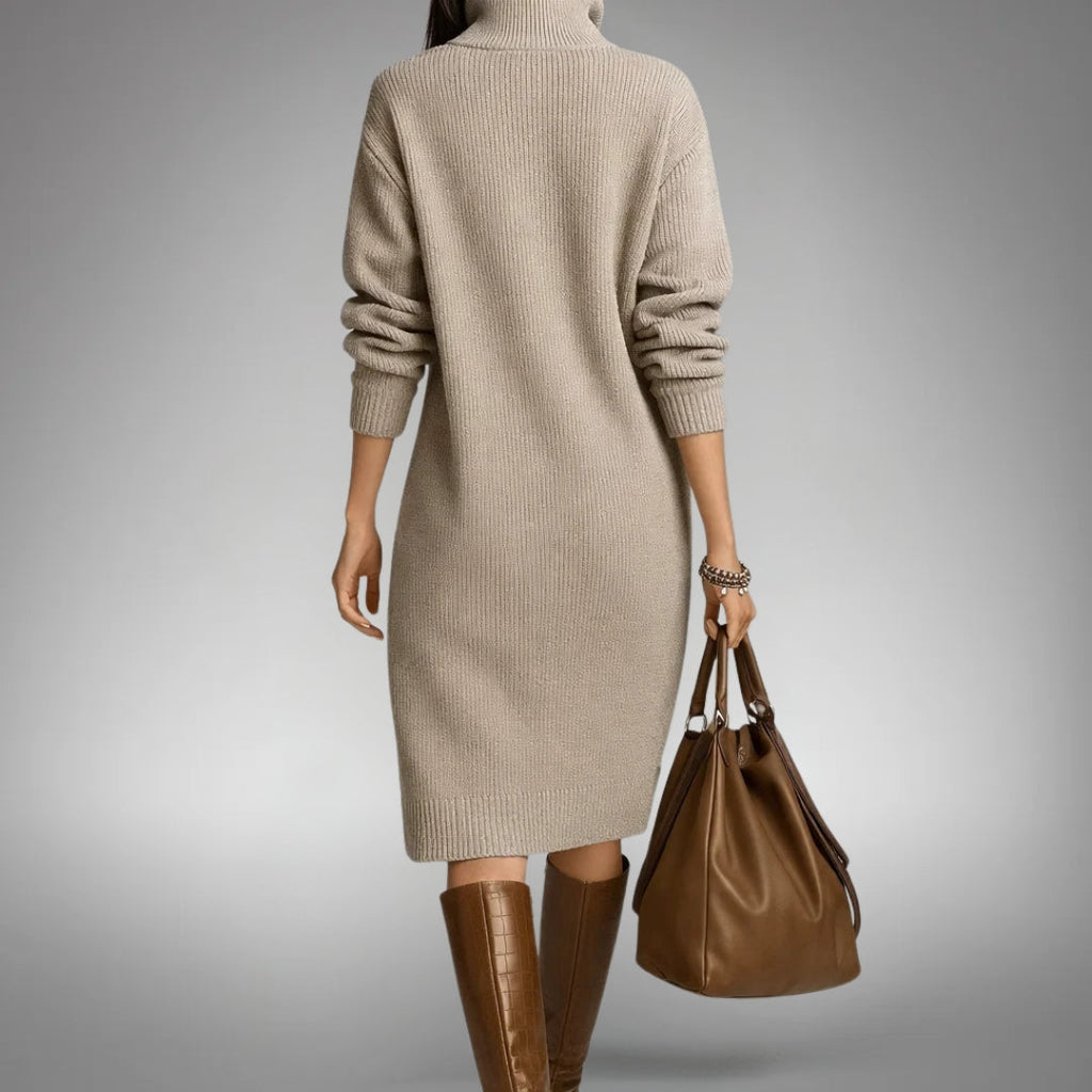 Sweater Dress Women with Stand Collar and Button Detail - 7 - Stylewhipped