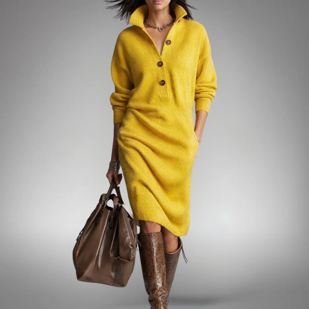 Sweater Dress Women with Stand Collar and Button Detail - 10 - Stylewhipped