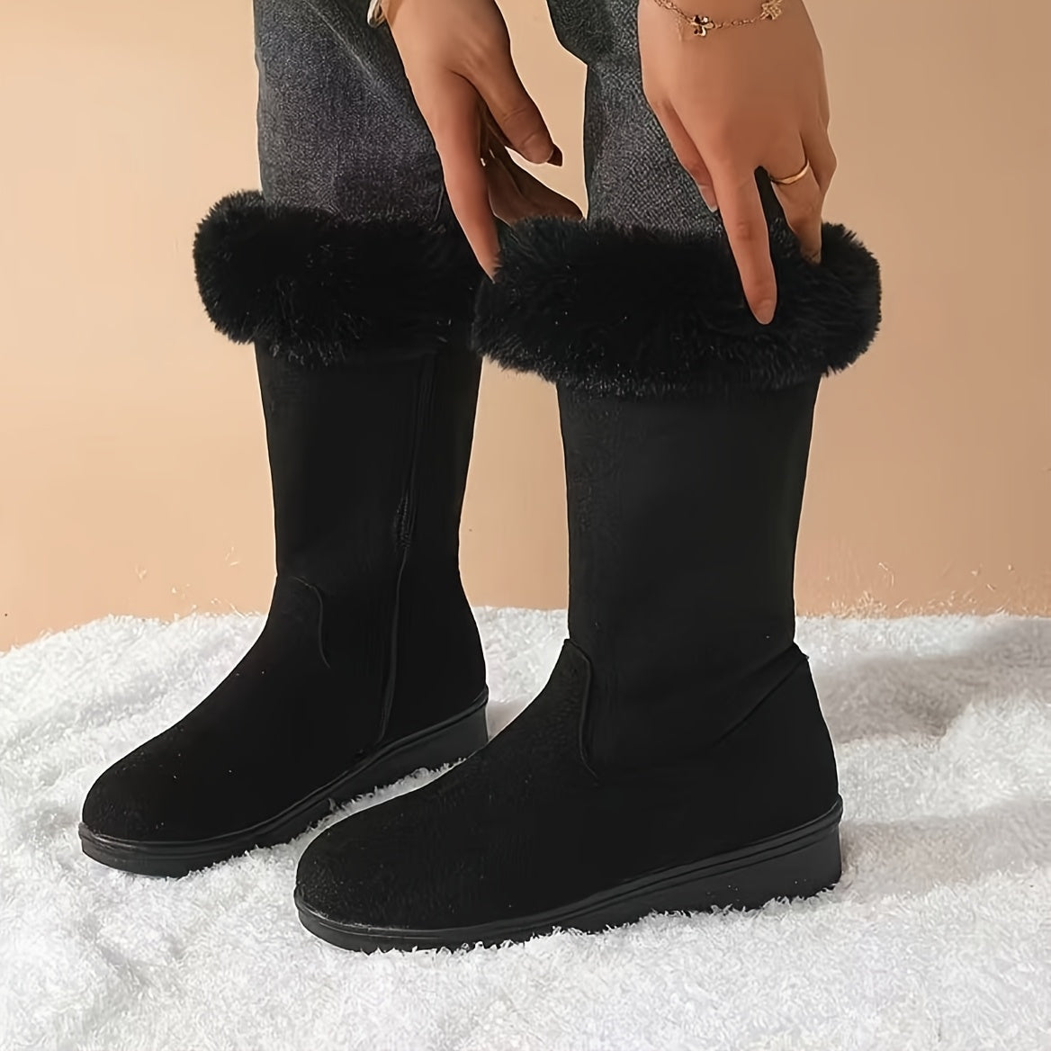 Knee-High Women's Boots with Zip and Faux Fur Trim - 4 - Stylewhipped