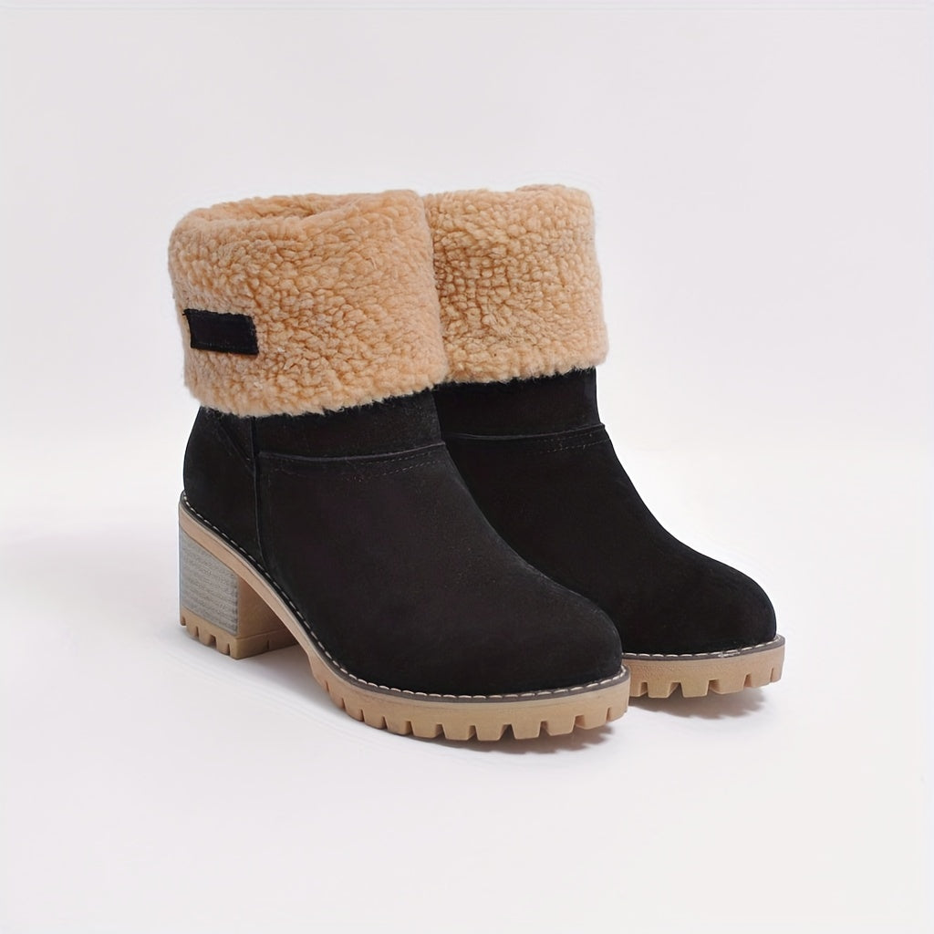 Chic Women's Ankle Boots with Block Heel and Faux Fur Cuff - 1 - Stylewhipped