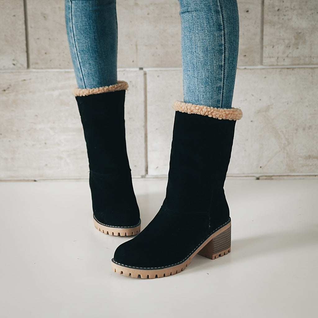 Chic Women's Ankle Boots with Block Heel and Faux Fur Cuff - 2 - Stylewhipped
