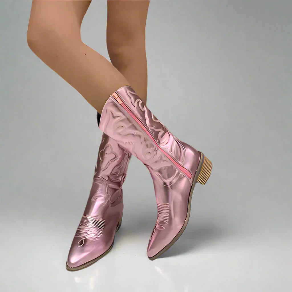 Western Boots for Women - Pink with Pointed Toe and Zip Detail - 1 - Stylewhipped