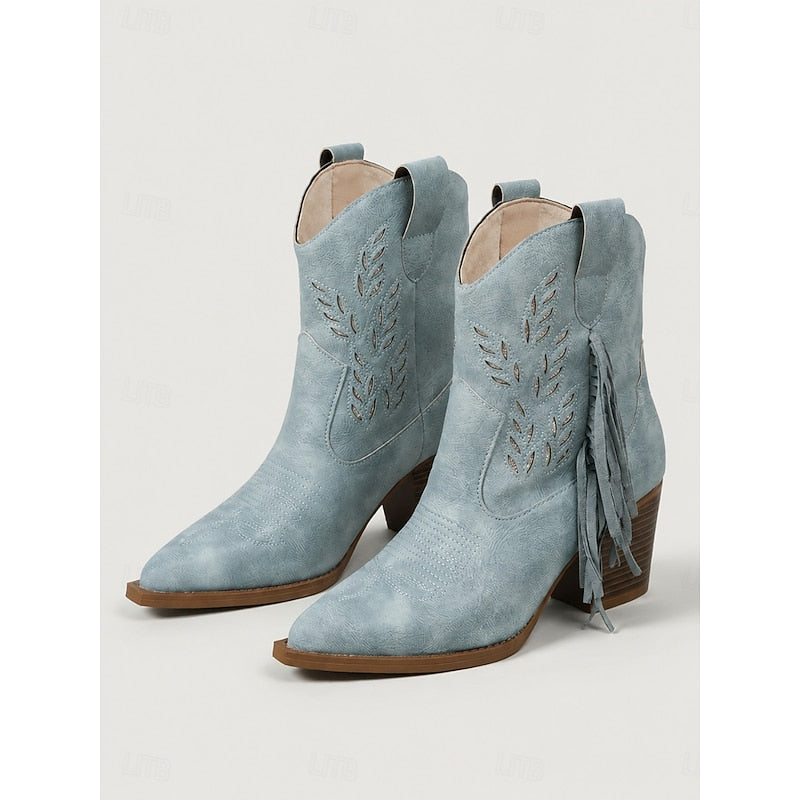 Western Ankle Boots for Women with Block Heel and Fringe Detail - 3 - Stylewhipped