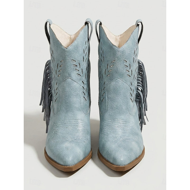 Western Ankle Boots for Women with Block Heel and Fringe Detail - 4 - Stylewhipped