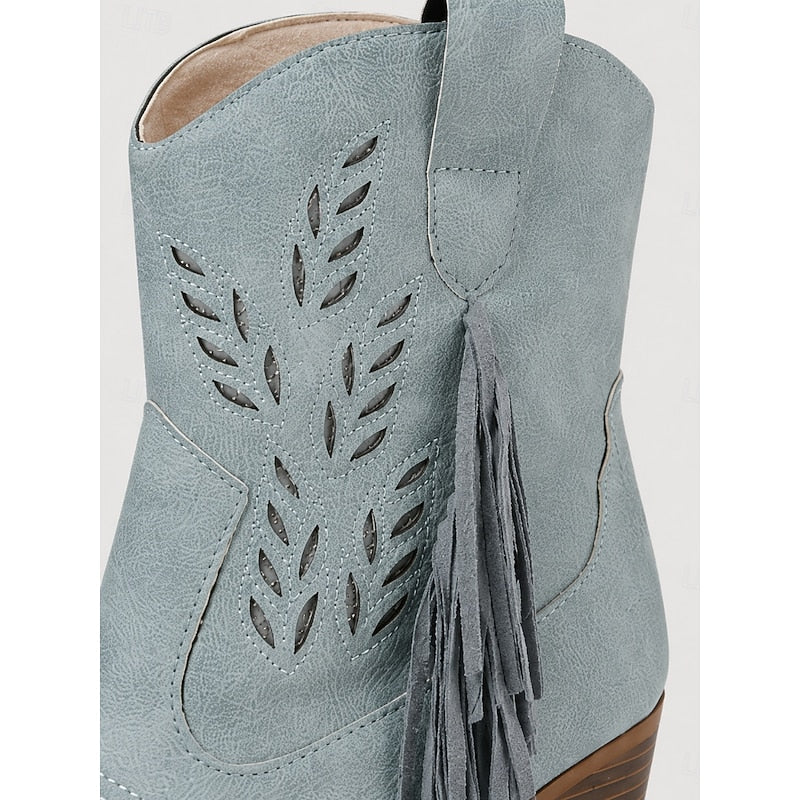 Western Ankle Boots for Women with Block Heel and Fringe Detail - 5 - Stylewhipped