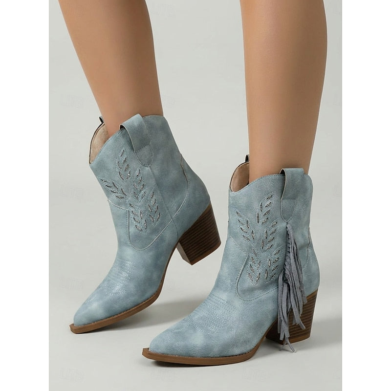 Western Ankle Boots for Women with Block Heel and Fringe Detail - 6 - Stylewhipped