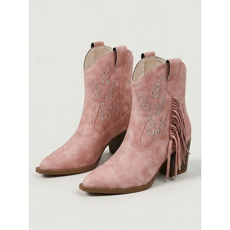 Western Ankle Boots for Women with Block Heel and Fringe Detail - 11 - Stylewhipped