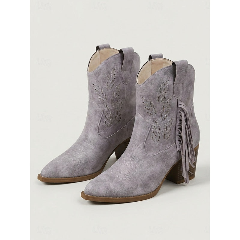 Western Ankle Boots for Women with Block Heel and Fringe Detail - 12 - Stylewhipped