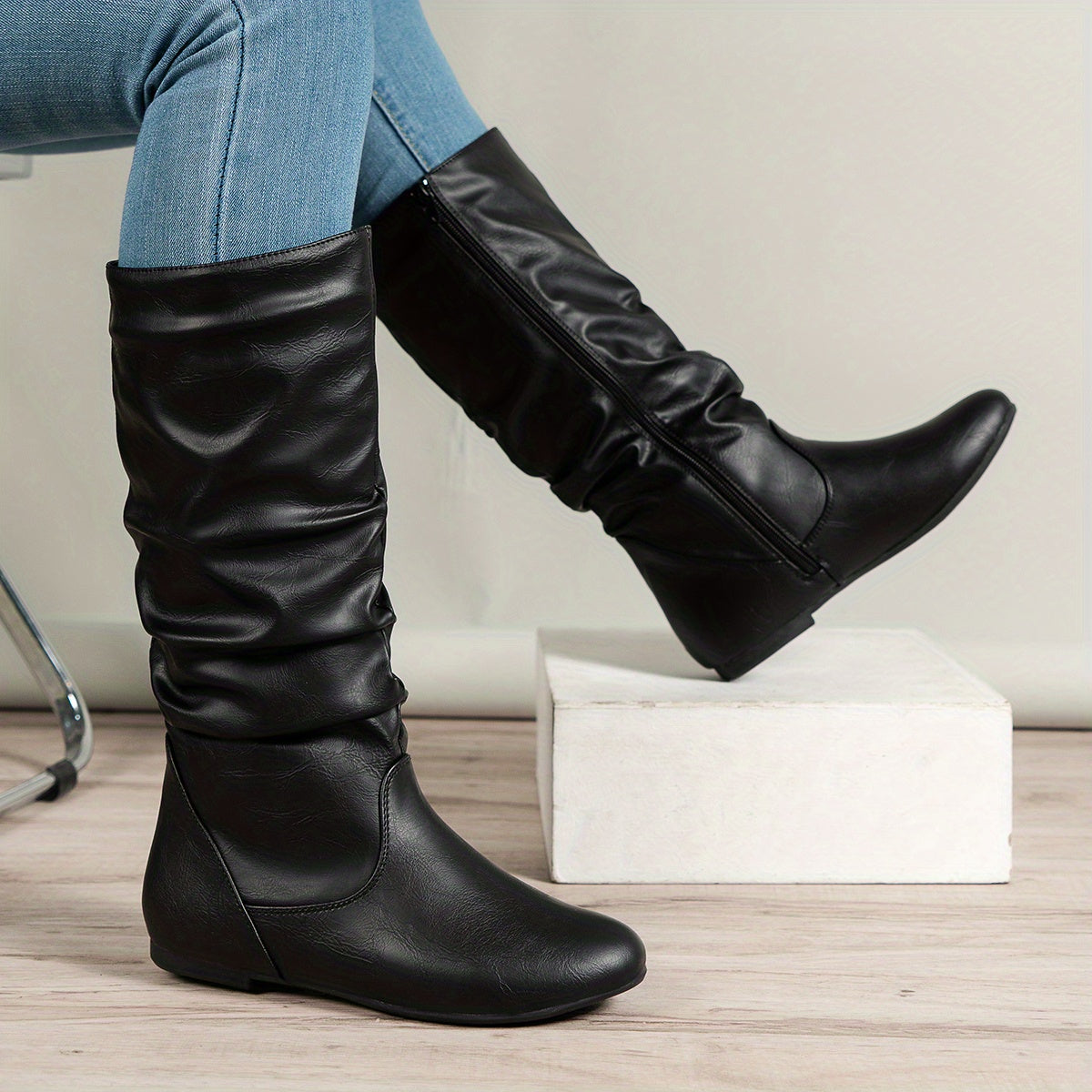 Slouch Boots Women with Zip Closure and Flat Sole - 1 - Stylewhipped