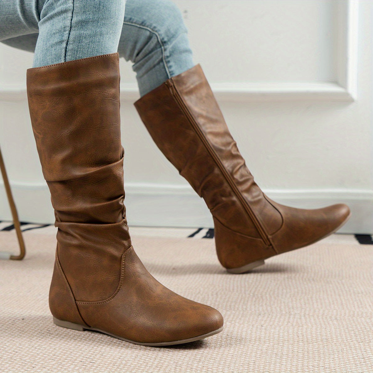 Slouch Boots Women with Zip Closure and Flat Sole - 8 - Stylewhipped