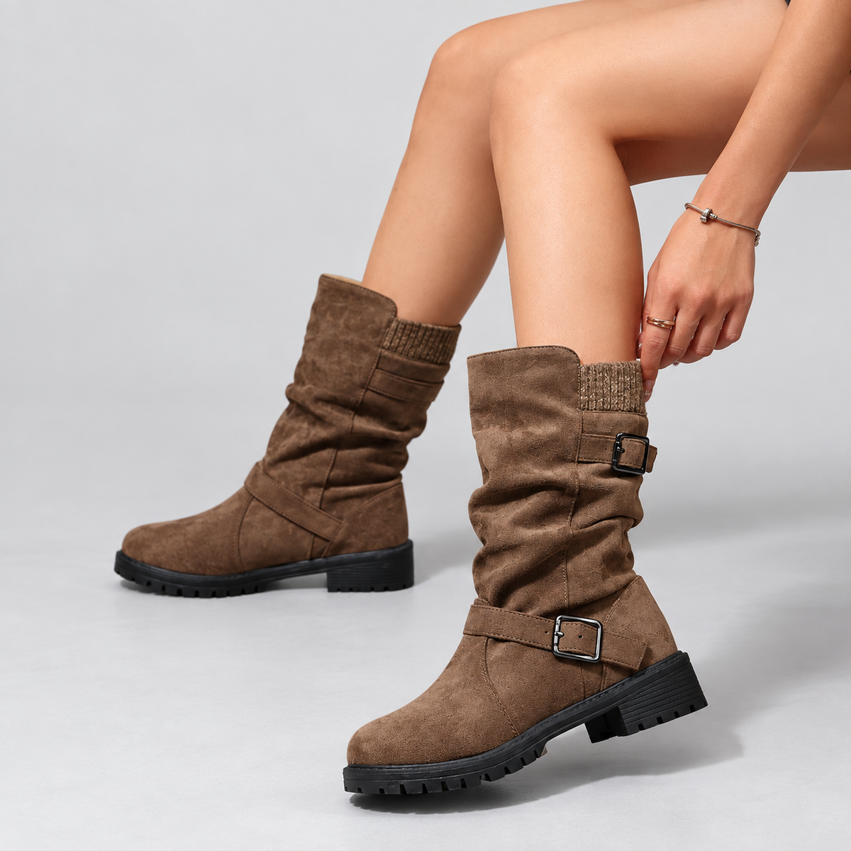 Women’s Slouchy Boots with Buckle Detail and Chunky Sole - 1 - Stylewhipped