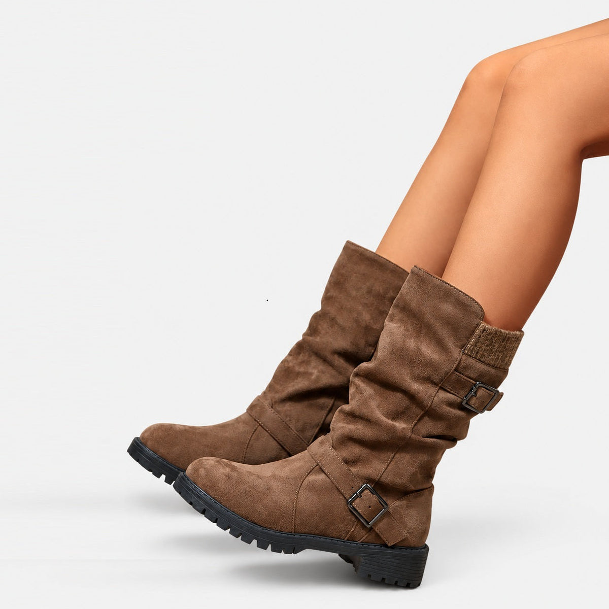 Women’s Slouchy Boots with Buckle Detail and Chunky Sole - 2 - Stylewhipped