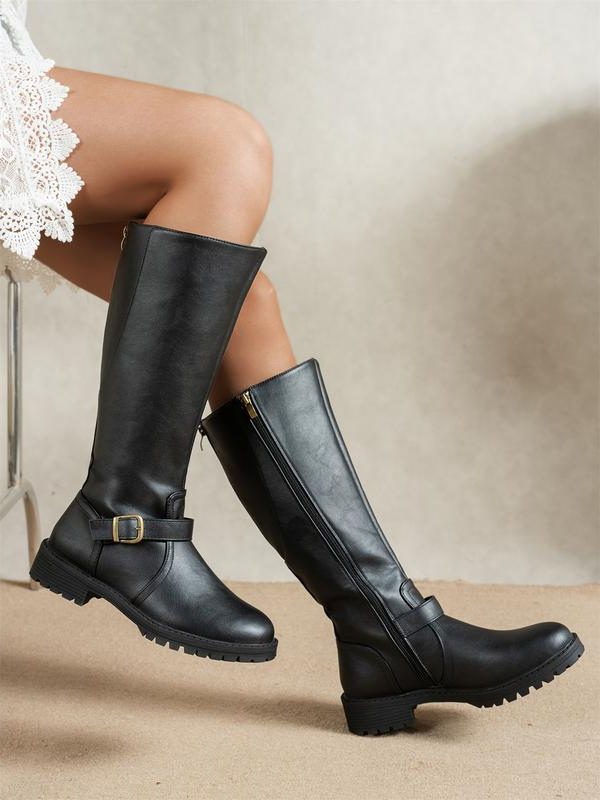 Women's Knee-High Boots with Buckle Detail and Side Zip - 1 - Stylewhipped