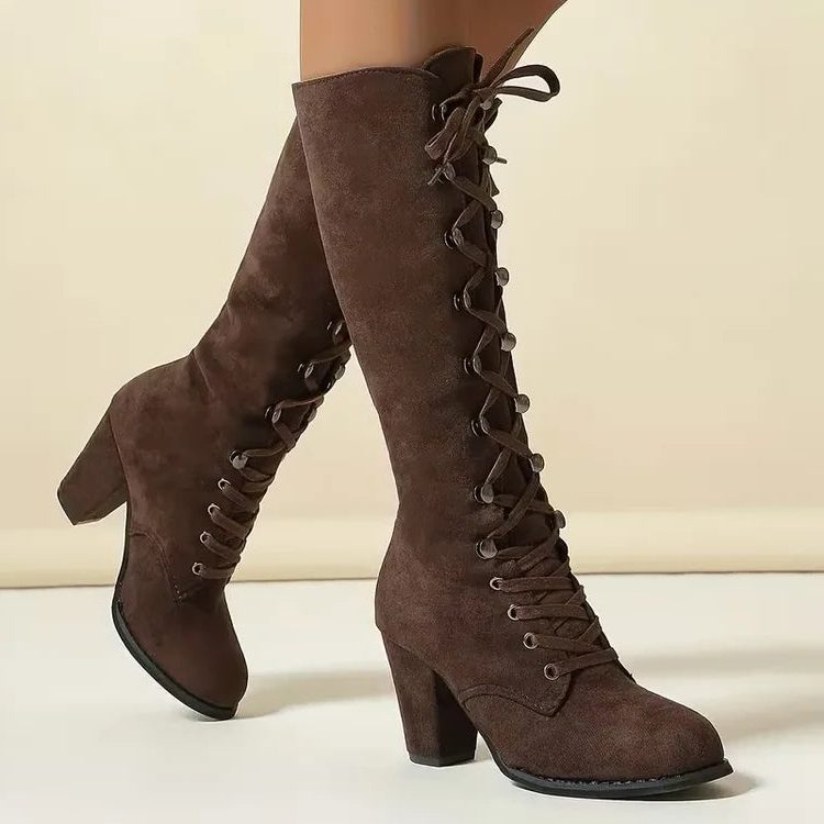 Women's Knee-High Lace-Up Boots with Block Heel - 1 - Stylewhipped
