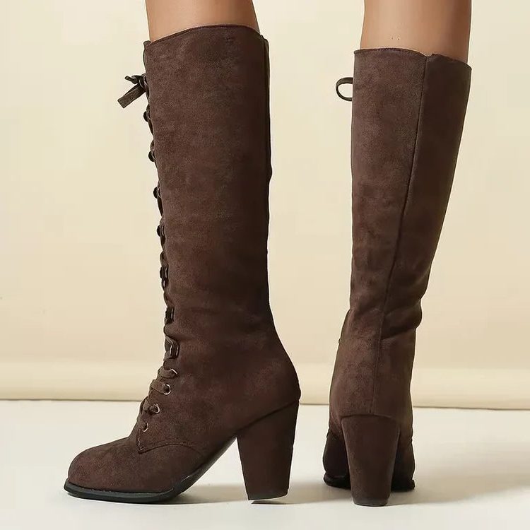 Women's Knee-High Lace-Up Boots with Block Heel - 3 - Stylewhipped