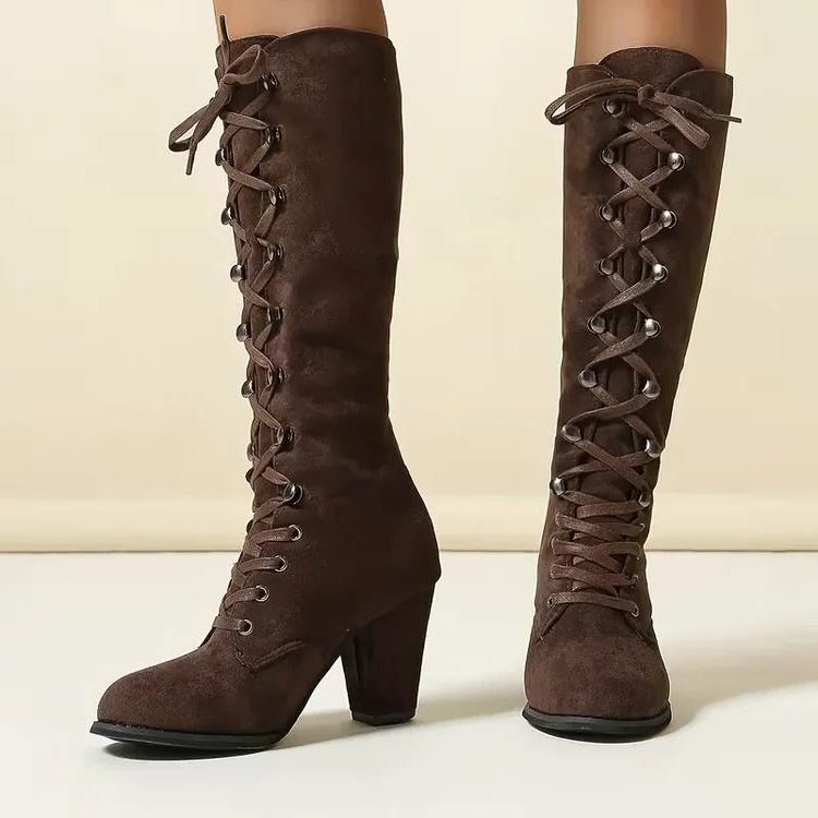 Women's Knee-High Lace-Up Boots with Block Heel - 4 - Stylewhipped