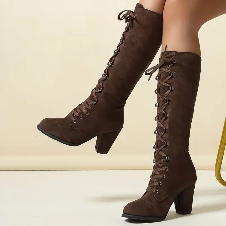 Women's Knee-High Lace-Up Boots with Block Heel - 5 - Stylewhipped