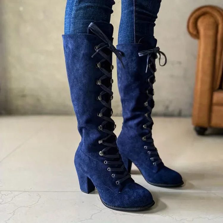 Women's Knee-High Lace-Up Boots with Block Heel - 6 - Stylewhipped