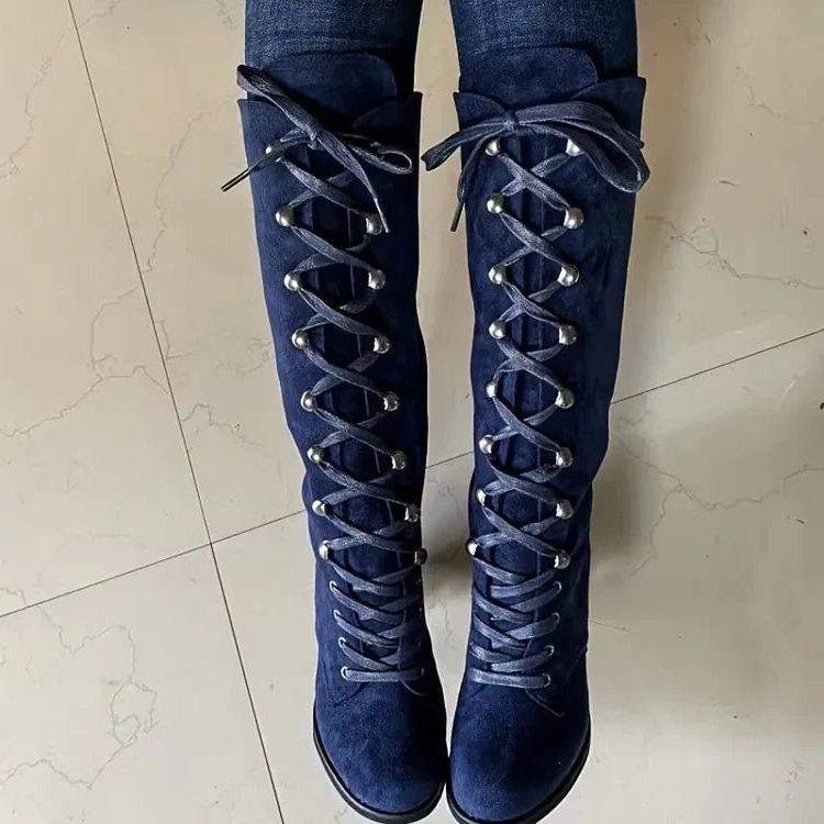 Women's Knee-High Lace-Up Boots with Block Heel - 7 - Stylewhipped