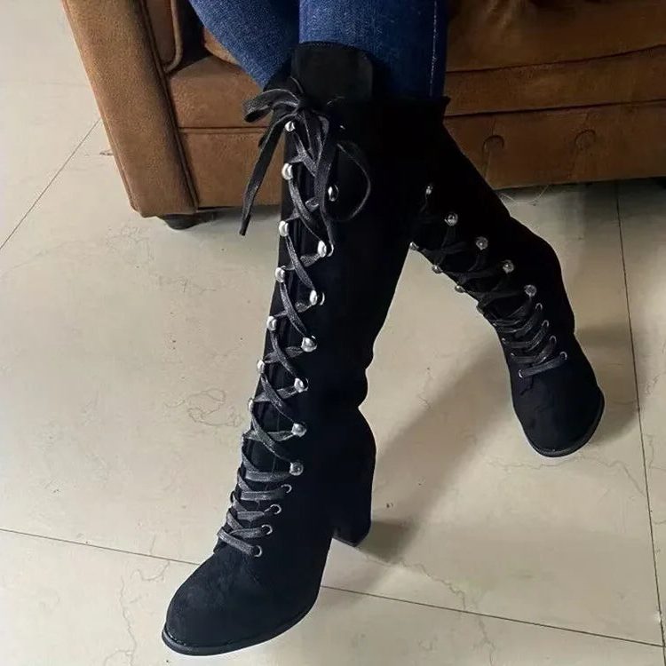 Women's Knee-High Lace-Up Boots with Block Heel - 8 - Stylewhipped