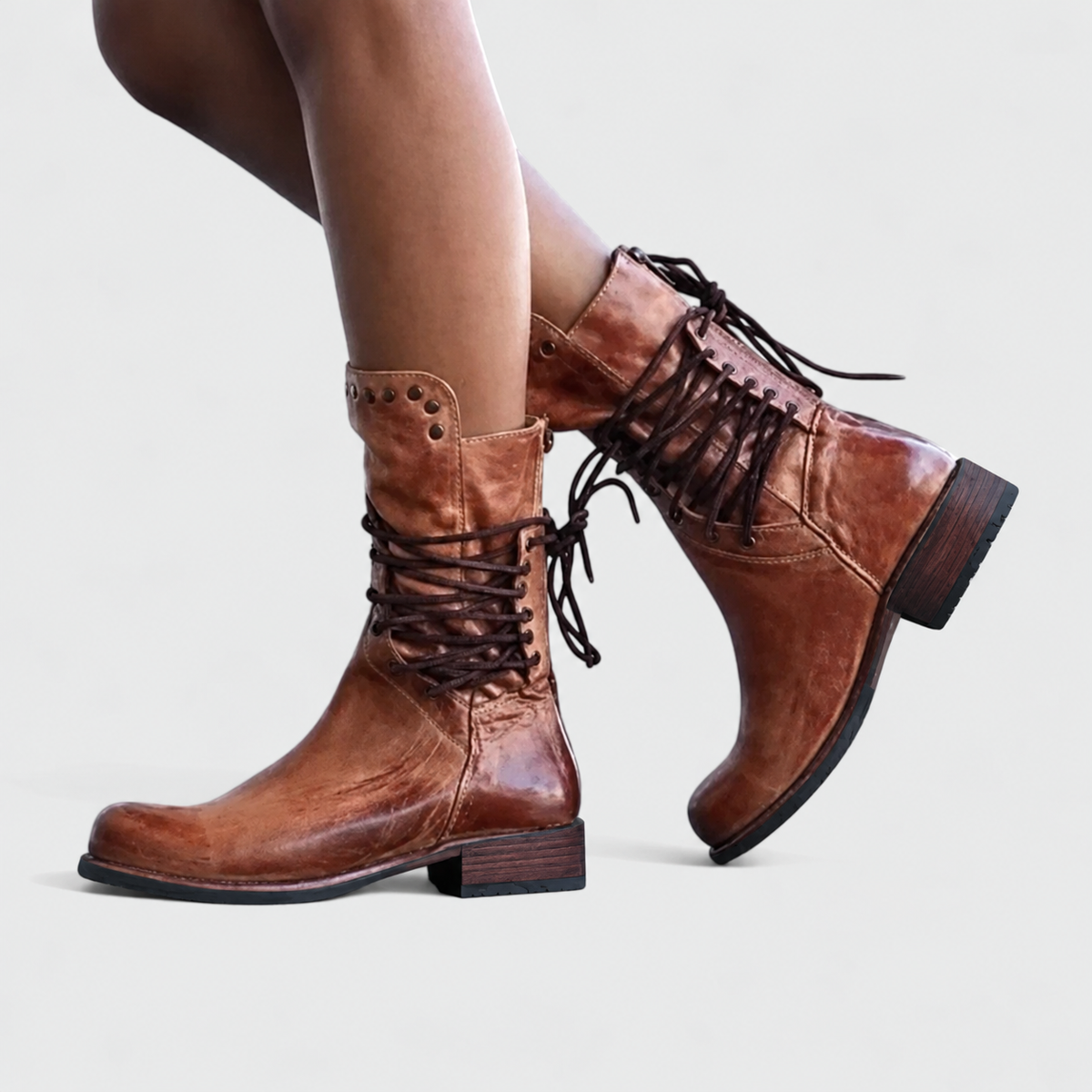 Women's Lace-Up Ankle Boots with Block Heel and Stud Detail - 2 - Stylewhipped