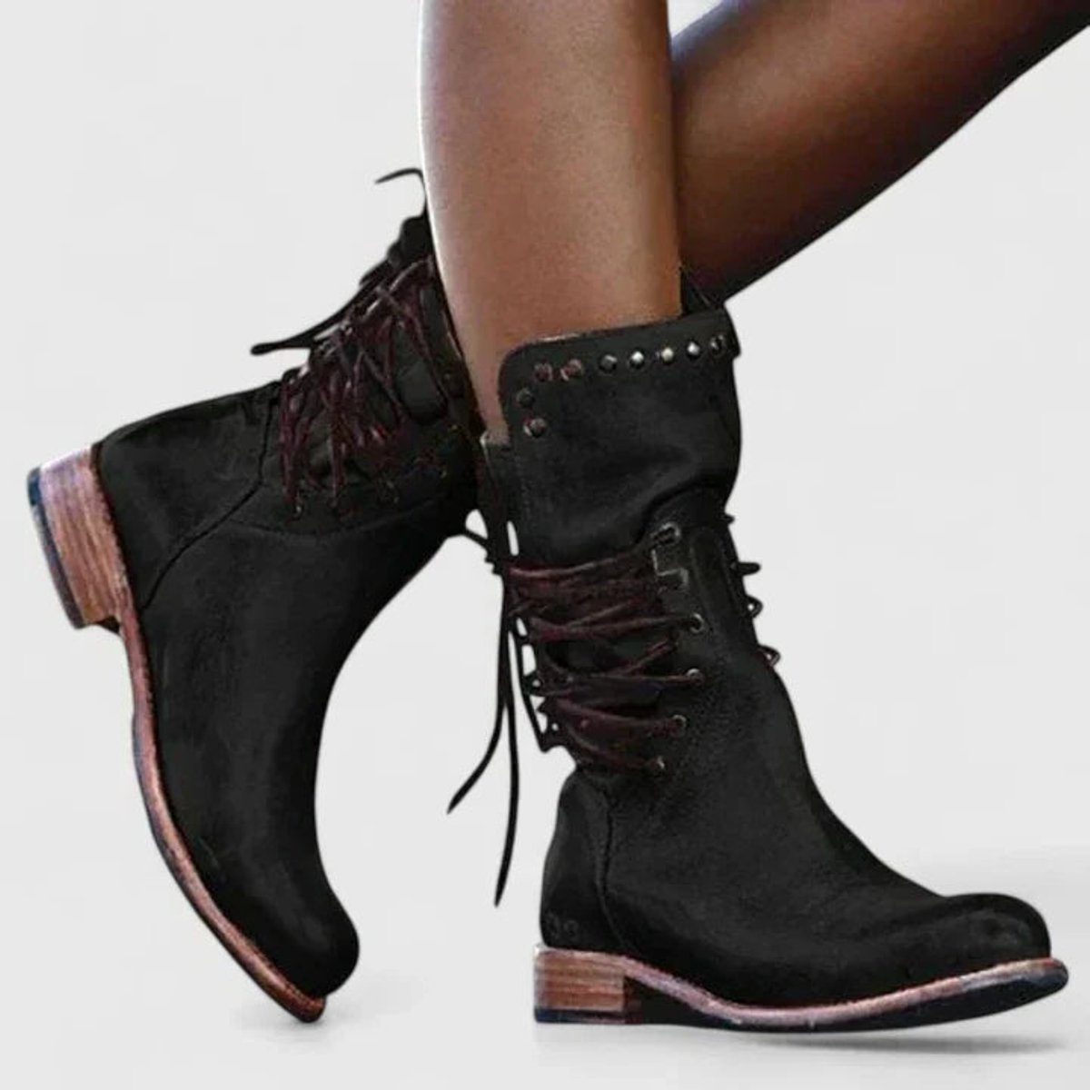 Women's Lace-Up Ankle Boots with Block Heel and Stud Detail - 3 - Stylewhipped