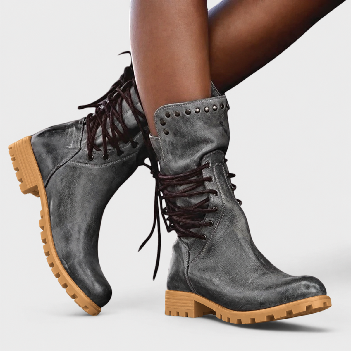 Women's Lace-Up Ankle Boots with Block Heel and Stud Detail - 4 - Stylewhipped