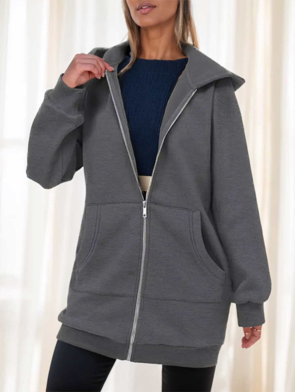 Hooded Zip-Up Women's Longline Hoodie with Pockets - 2 - Stylewhipped