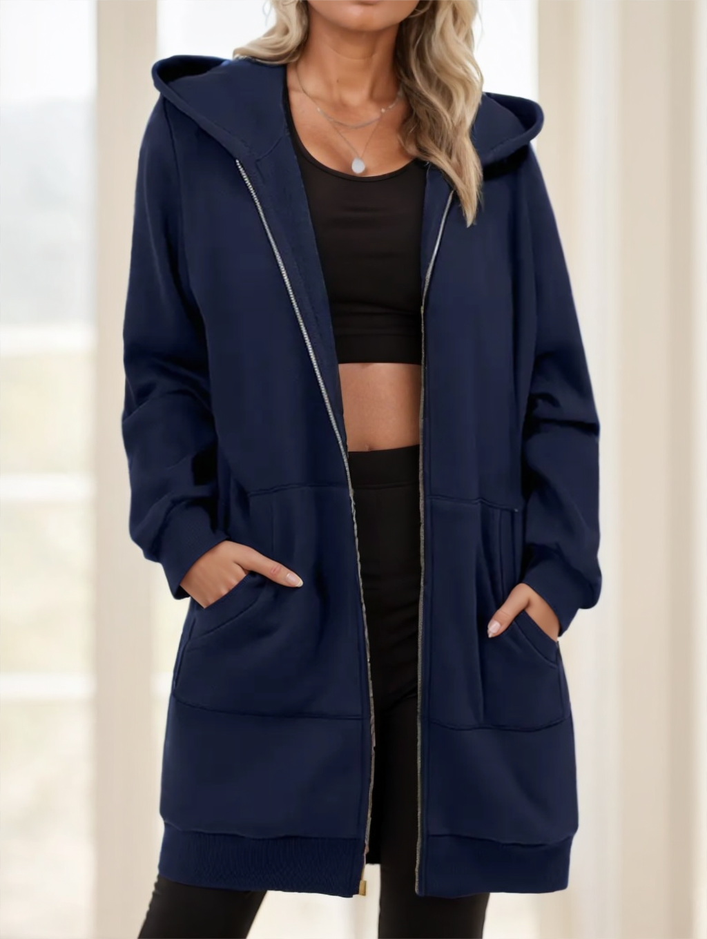 Hooded Zip-Up Women's Longline Hoodie with Pockets - 3 - Stylewhipped