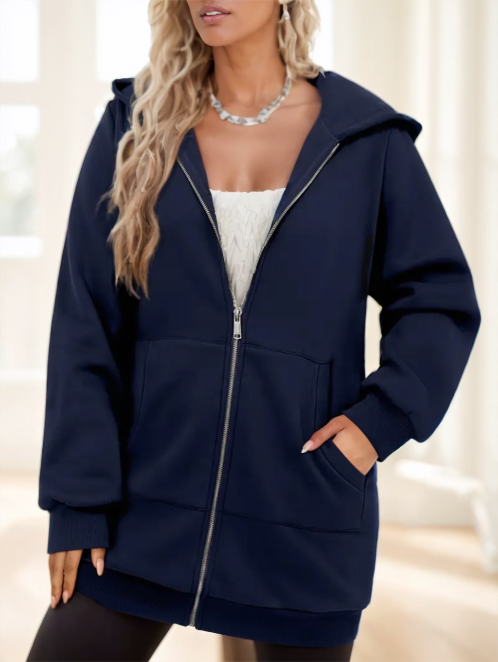 Hooded Zip-Up Women's Longline Hoodie with Pockets - 4 - Stylewhipped