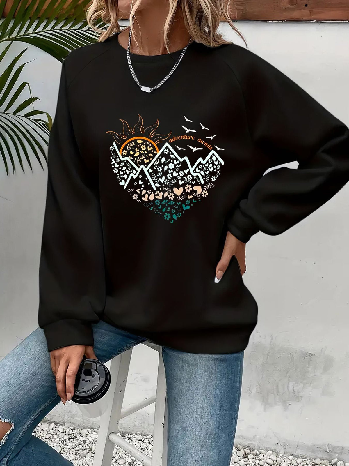 Women's Pullover with Heart Design and Round Neck - 1 - Stylewhipped