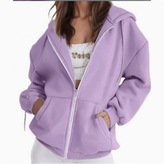 Hoodie Women Oversized Zip Front with Pockets - 1 - Stylewhipped