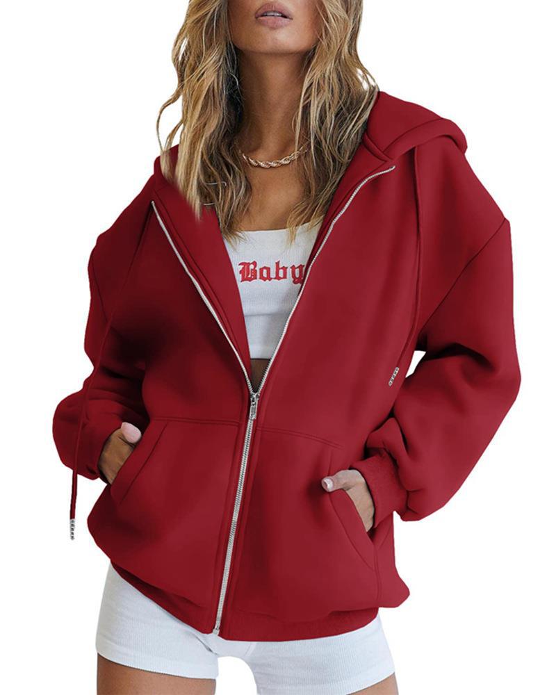 Hoodie Women Oversized Zip Front with Pockets - 4 - Stylewhipped