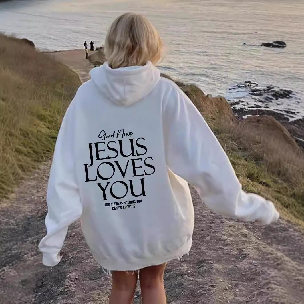 Hoodie for Women with Oversized Fit and 'Jesus Loves You' Print - 1 - Stylewhipped