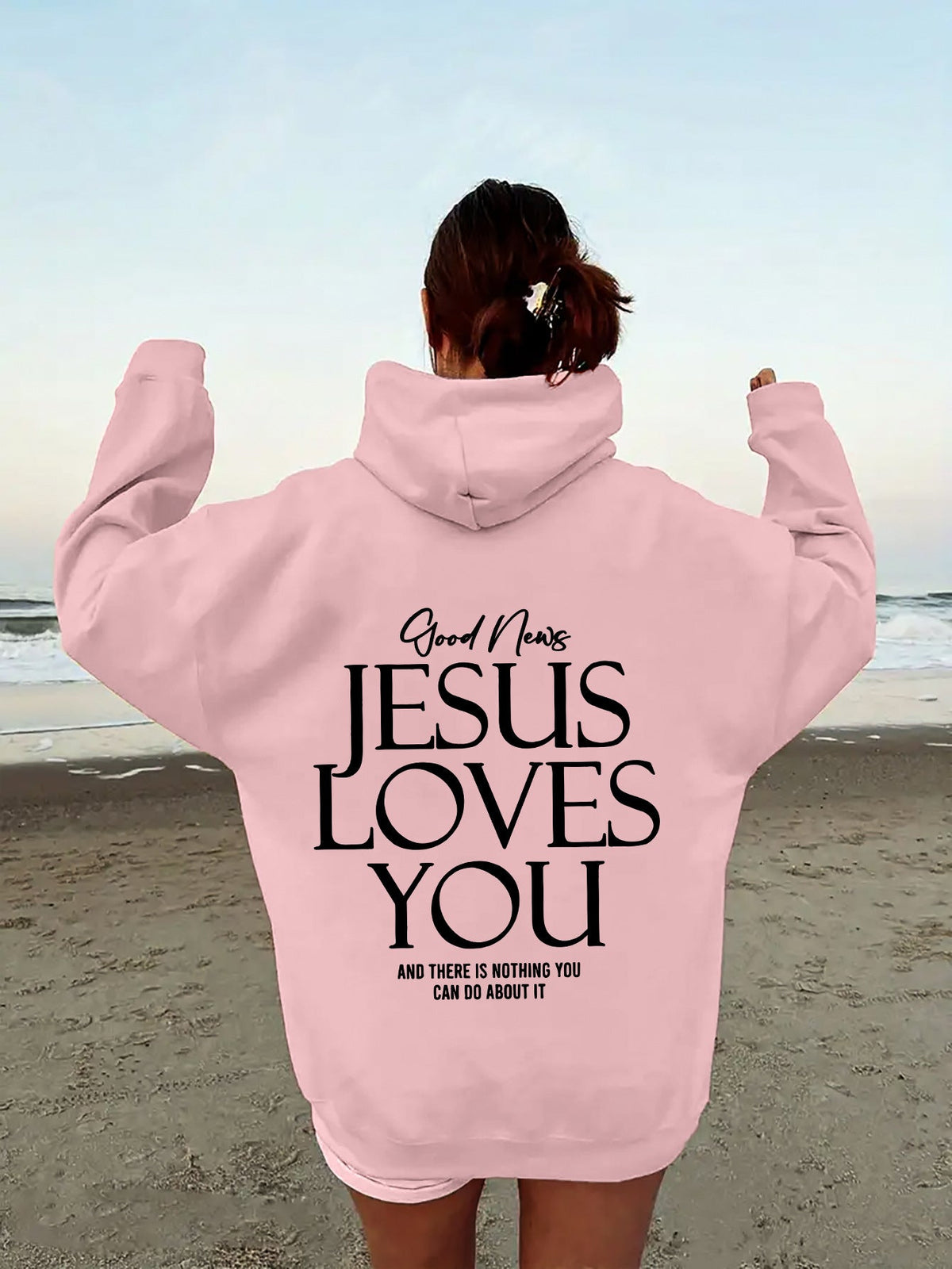 Hoodie for Women with Oversized Fit and 'Jesus Loves You' Print - 3 - Stylewhipped