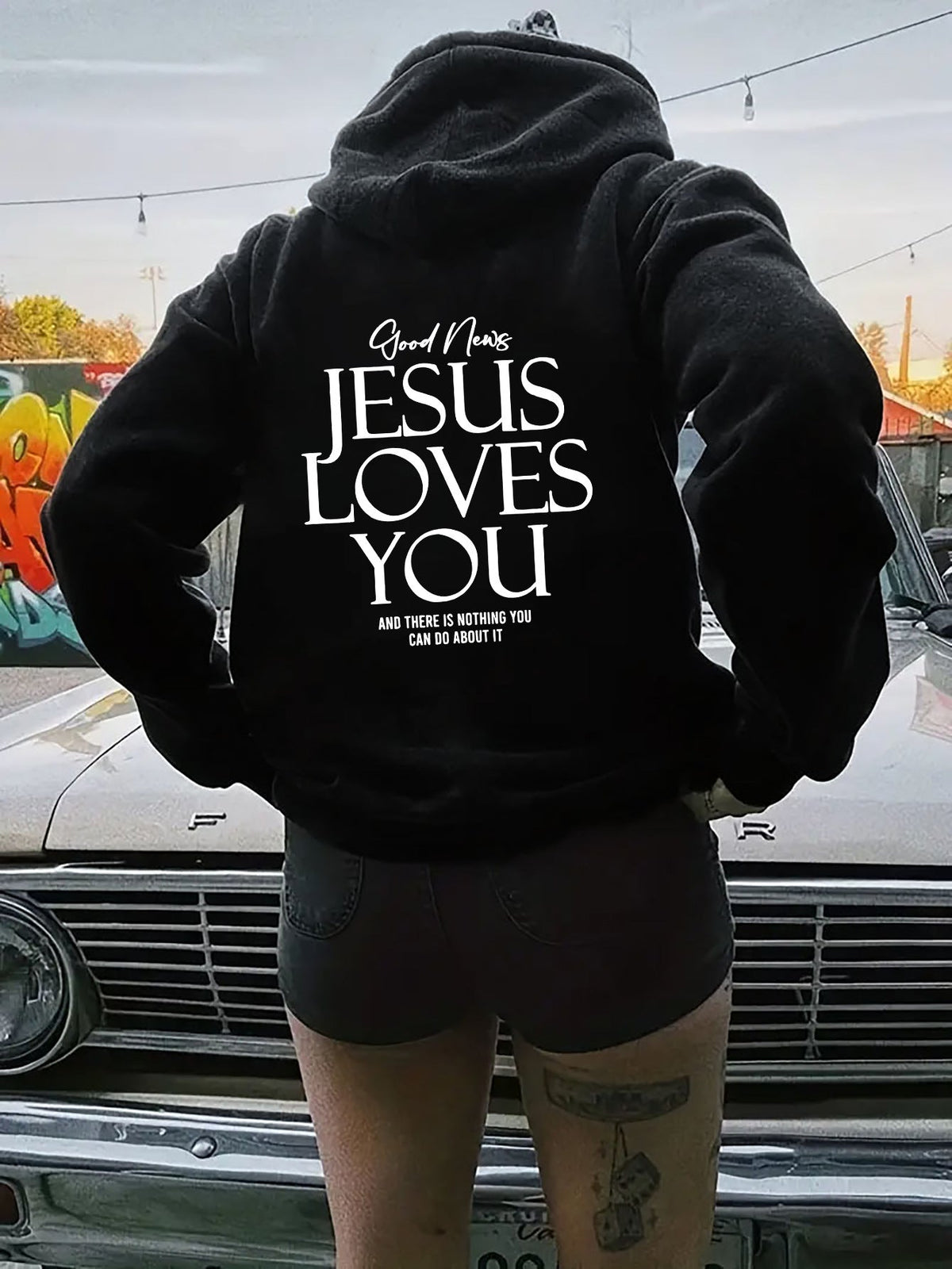 Hoodie for Women with Oversized Fit and 'Jesus Loves You' Print - 4 - Stylewhipped