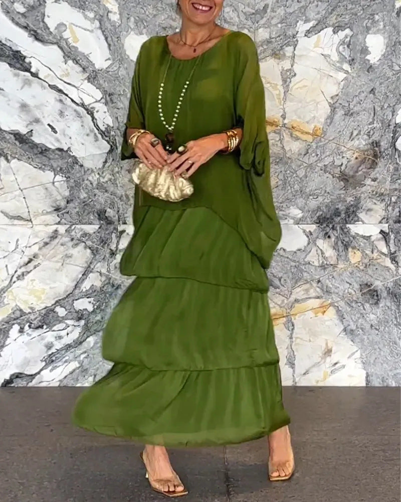 Maxi Dress for Women in Flattering Tiered Design with Batwing Sleeves - 3 - Stylewhipped