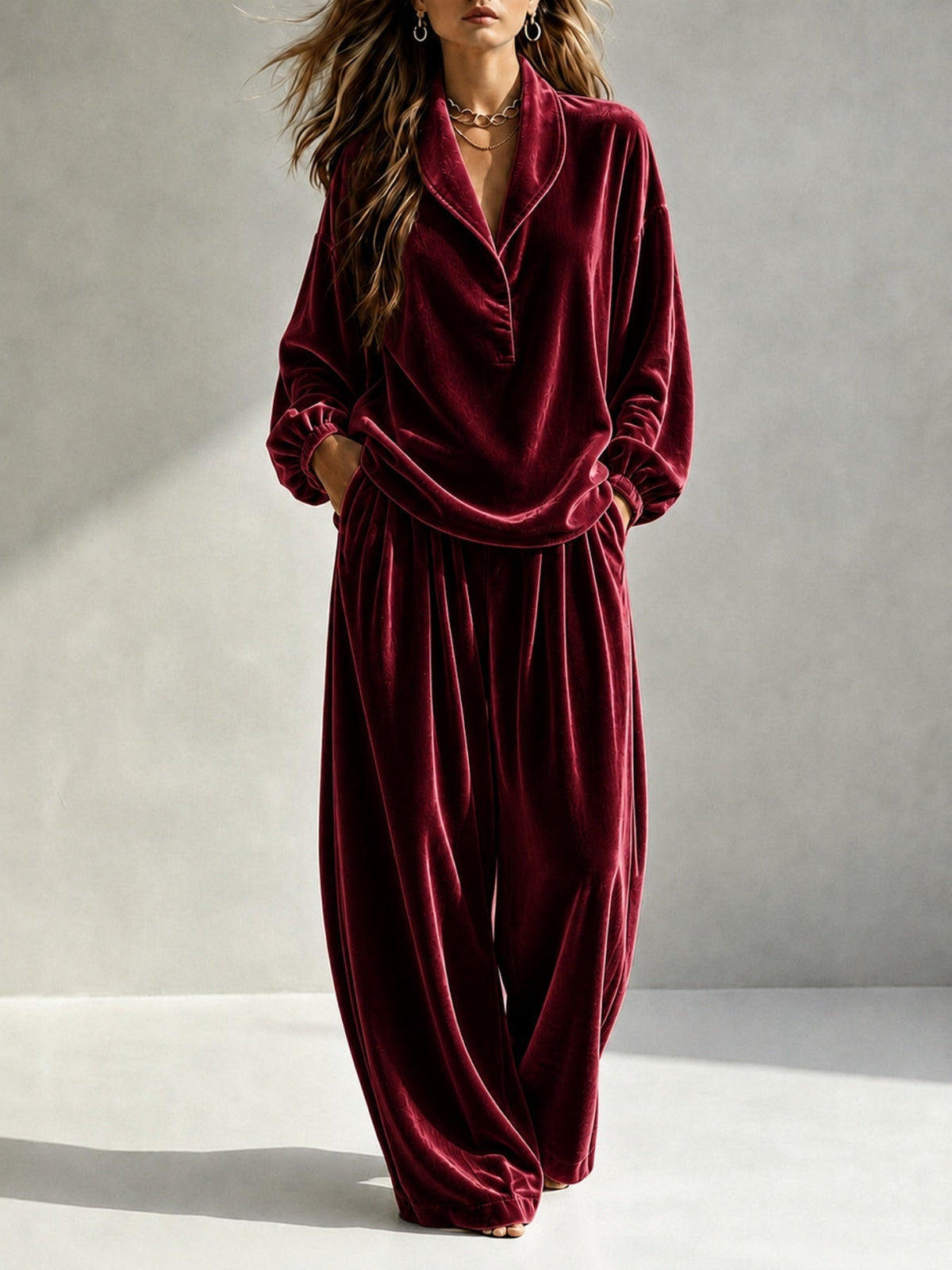 Lounge Set Women Relaxed Fit with Long Sleeves and Wide Leg Trousers - 1 - Stylewhipped