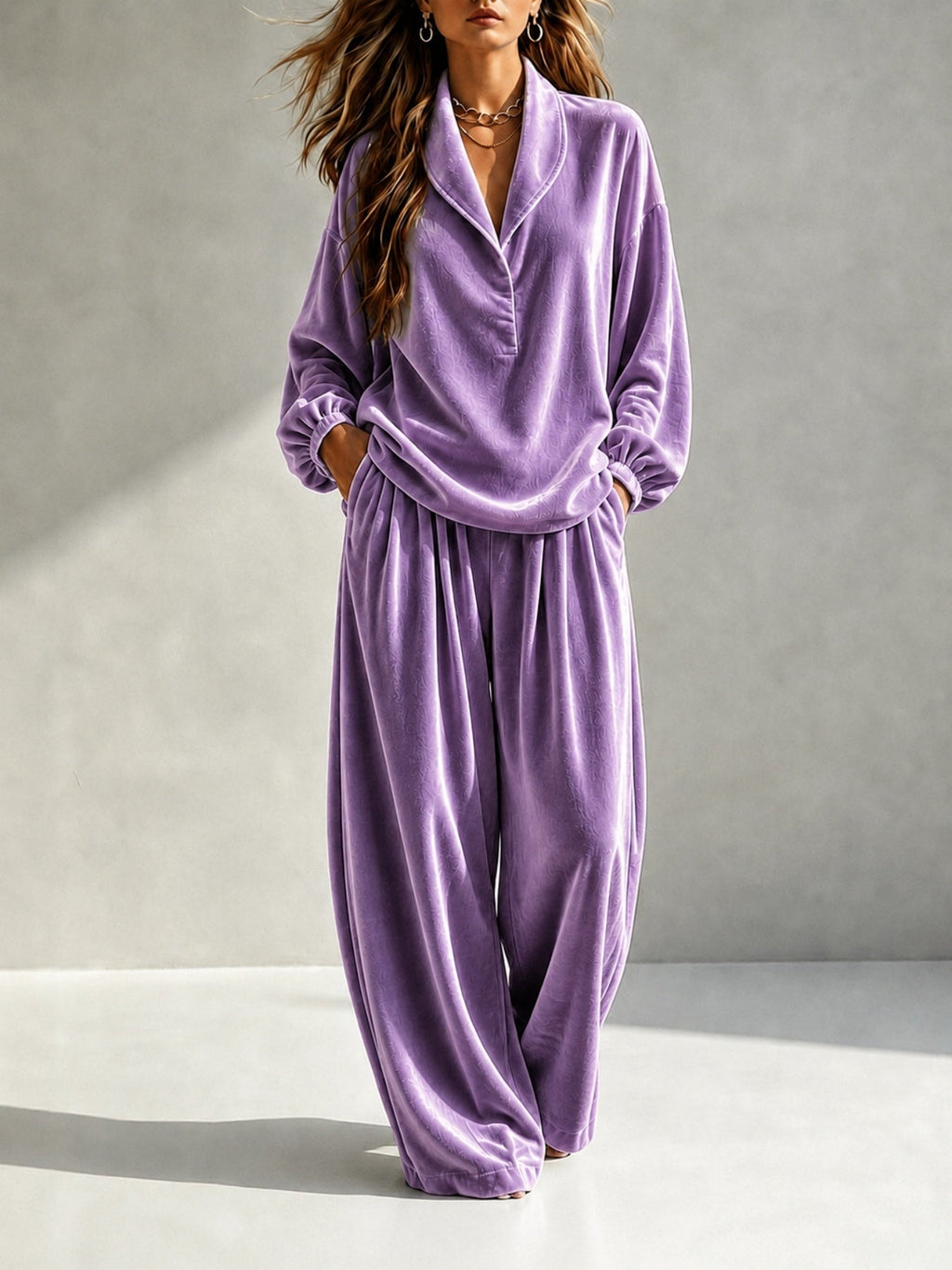 Lounge Set Women Relaxed Fit with Long Sleeves and Wide Leg Trousers - 3 - Stylewhipped