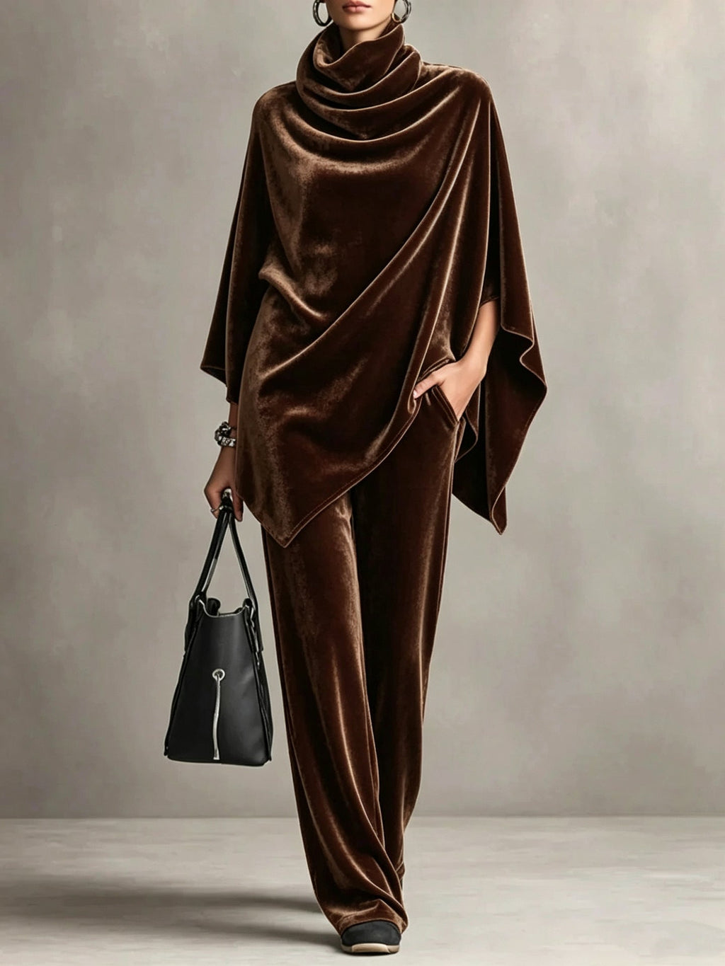 Chic Women's Outfit with Cowl Neck Top and Wide Leg Trousers - 1 - Stylewhipped