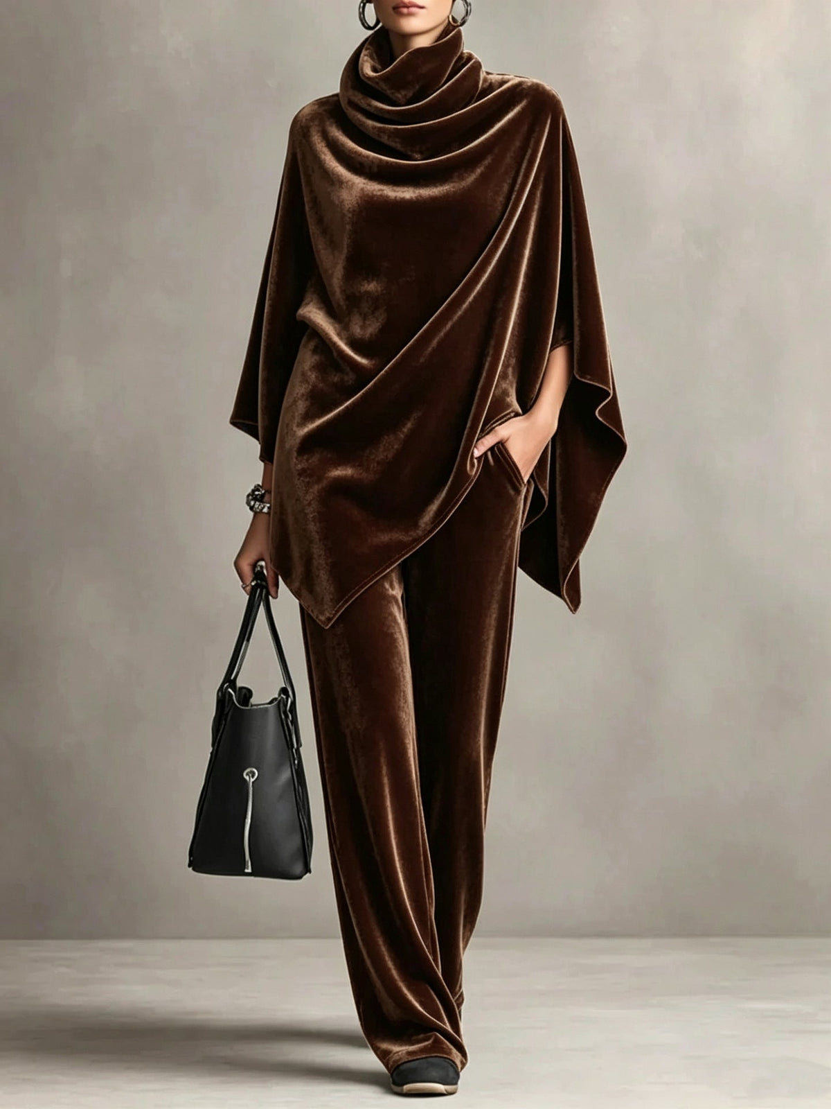 Chic Women's Outfit with Cowl Neck Top and Wide Leg Trousers - 1 - Stylewhipped