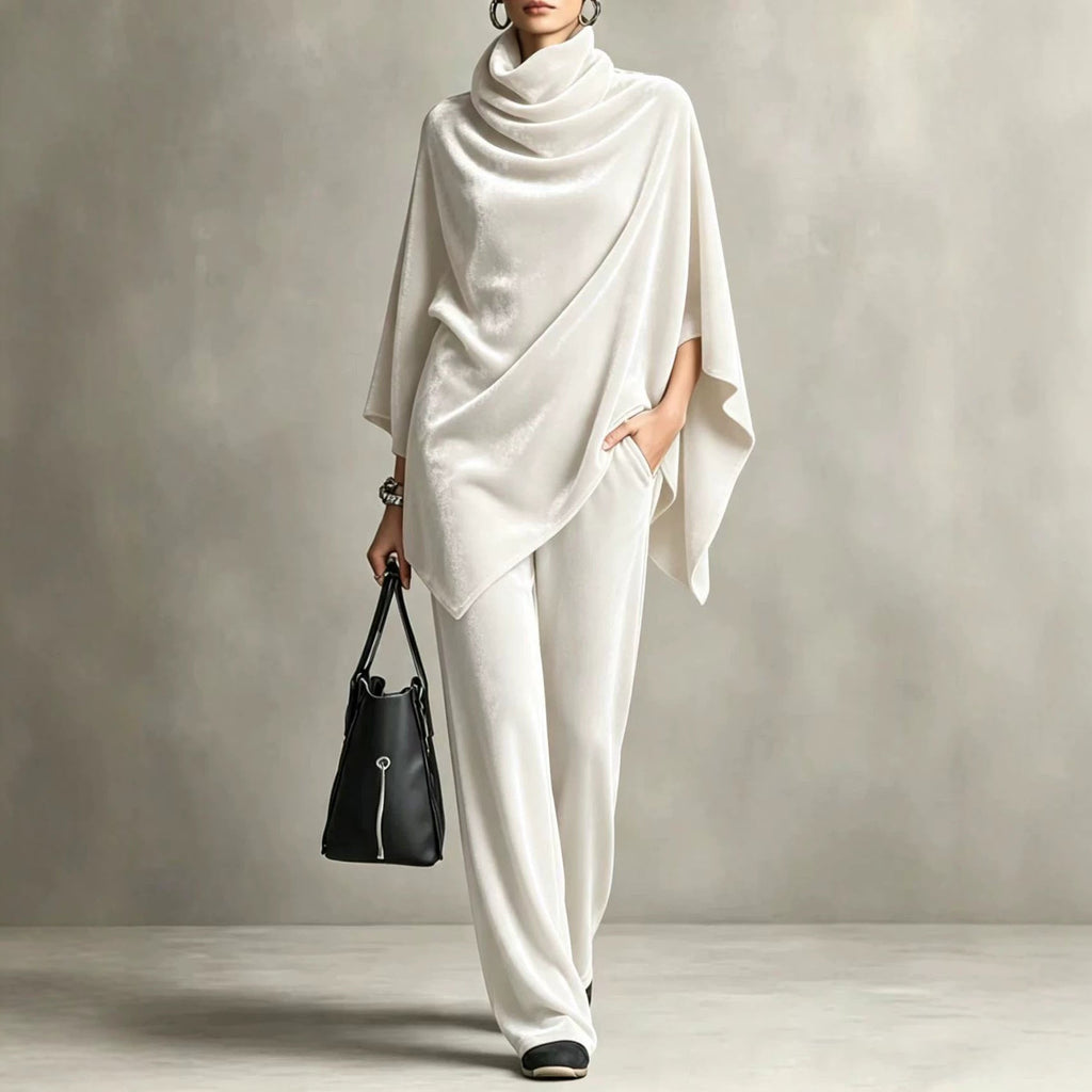 Chic Women's Outfit with Cowl Neck Top and Wide Leg Trousers - 2 - Stylewhipped
