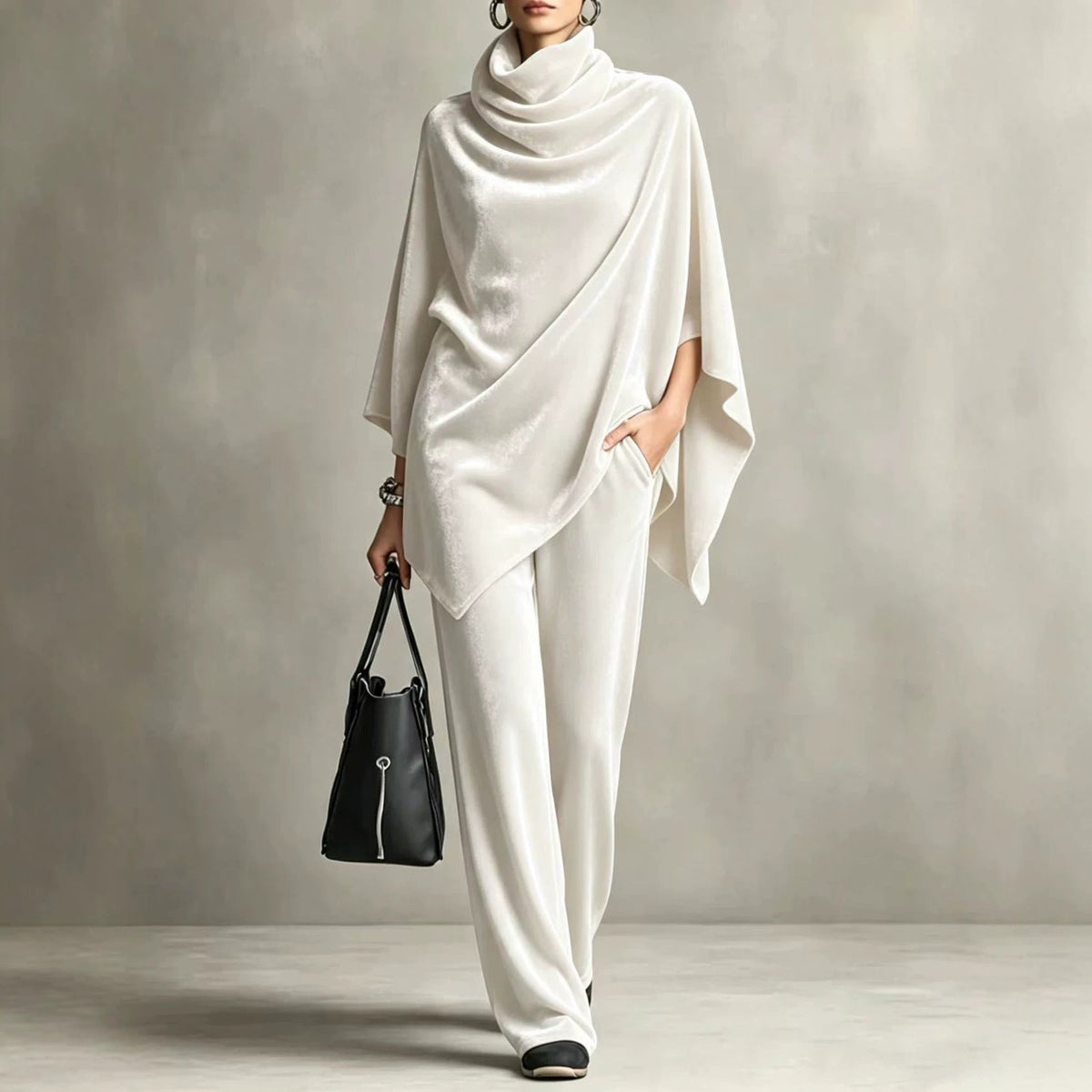 Chic Women's Outfit with Cowl Neck Top and Wide Leg Trousers - 2 - Stylewhipped