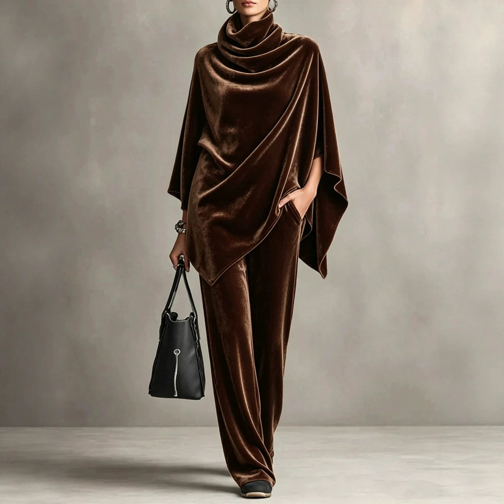 Chic Women's Outfit with Cowl Neck Top and Wide Leg Trousers - 3 - Stylewhipped