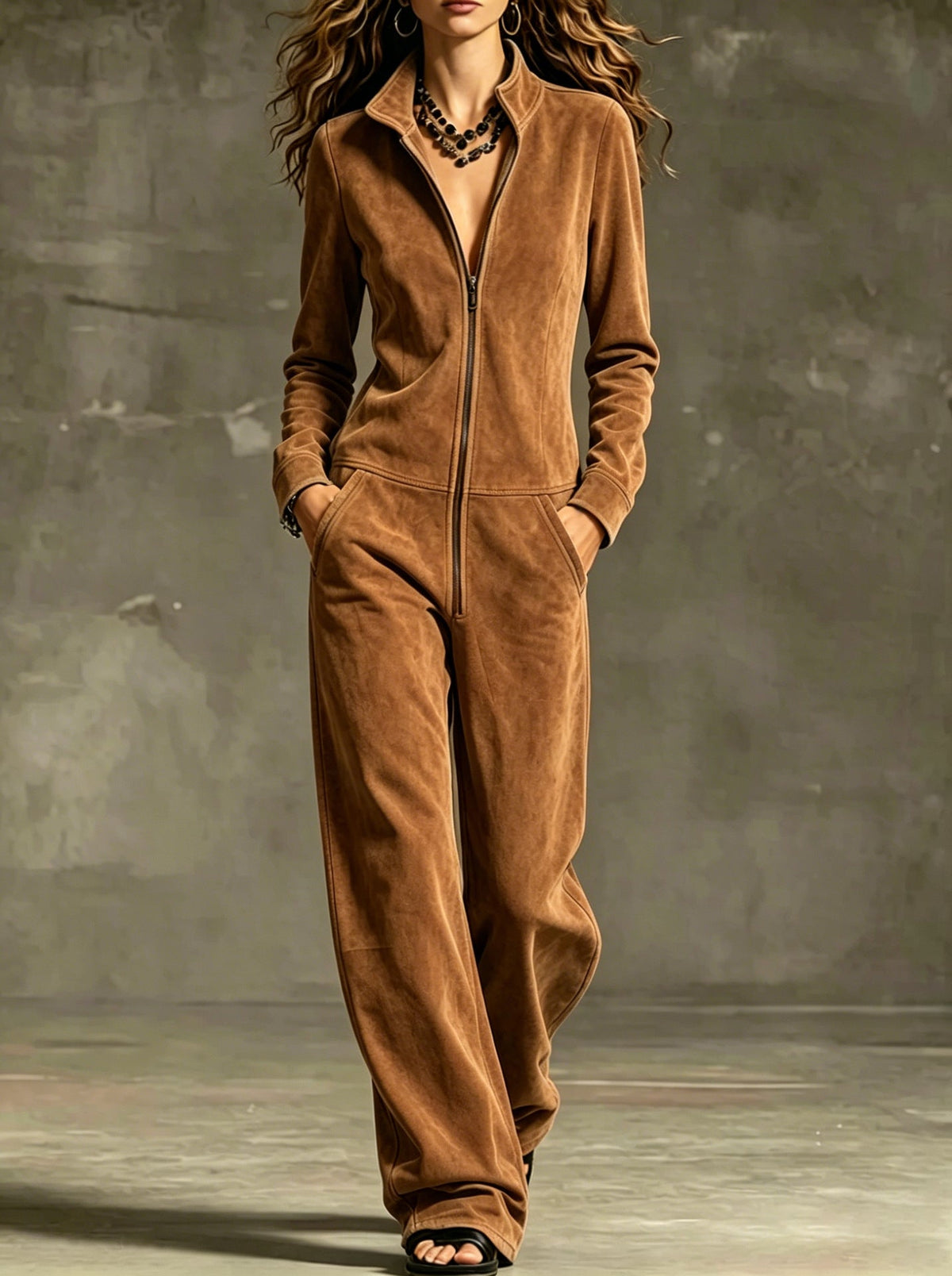 Jumpsuit Women Zip Front Wide Leg Relaxed Fit - 12 - Stylewhipped