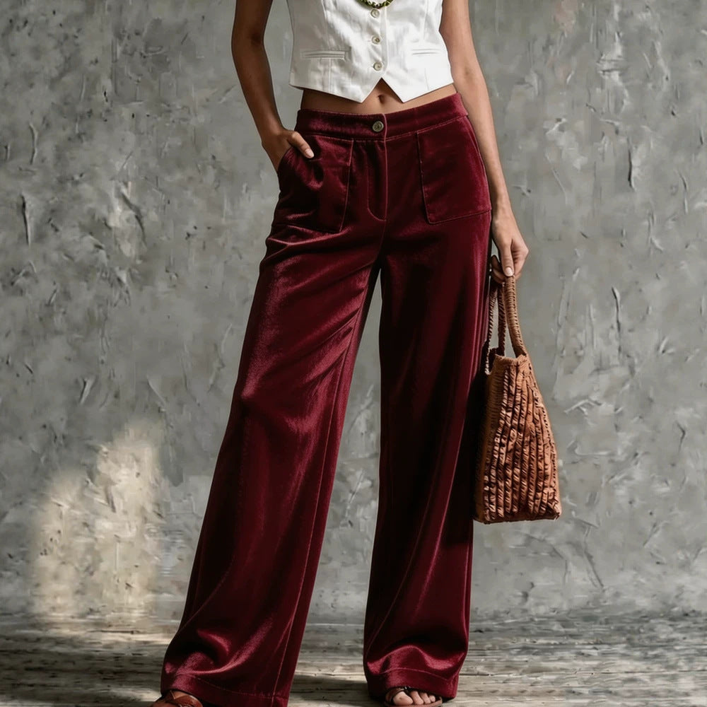 Wide Leg Trousers for Women with Pockets and Button Detail - 1 - Stylewhipped