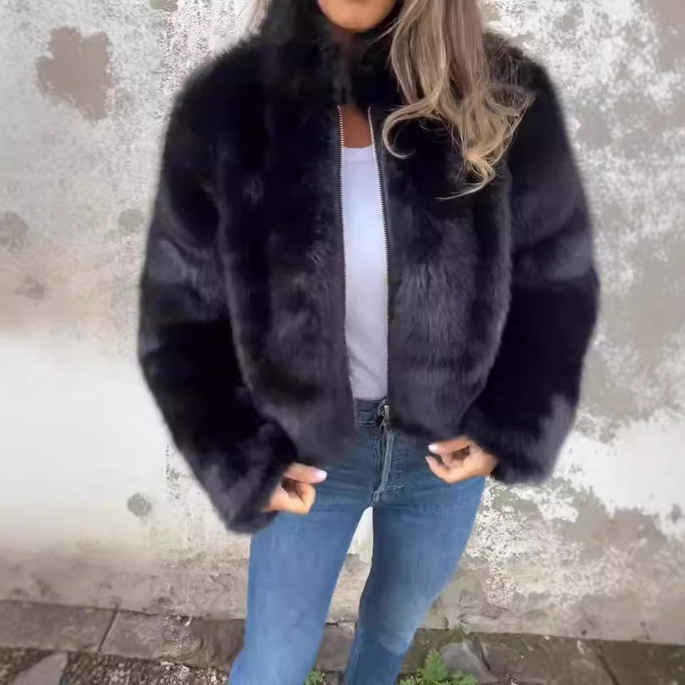 Faux Fur Jacket Women Zip Closure Stand-Up Collar Fluffy Design - 1 - Stylewhipped