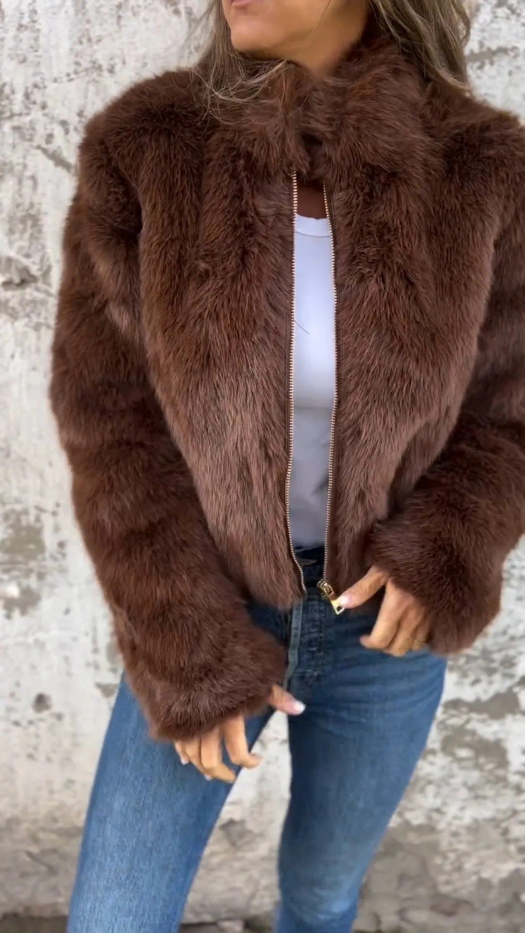 Faux Fur Jacket Women Zip Closure Stand-Up Collar Fluffy Design - 2 - Stylewhipped