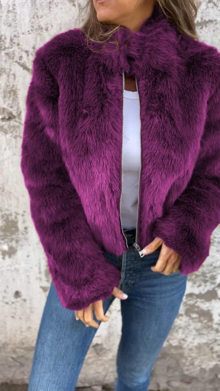 Faux Fur Jacket Women Zip Closure Stand-Up Collar Fluffy Design - 3 - Stylewhipped