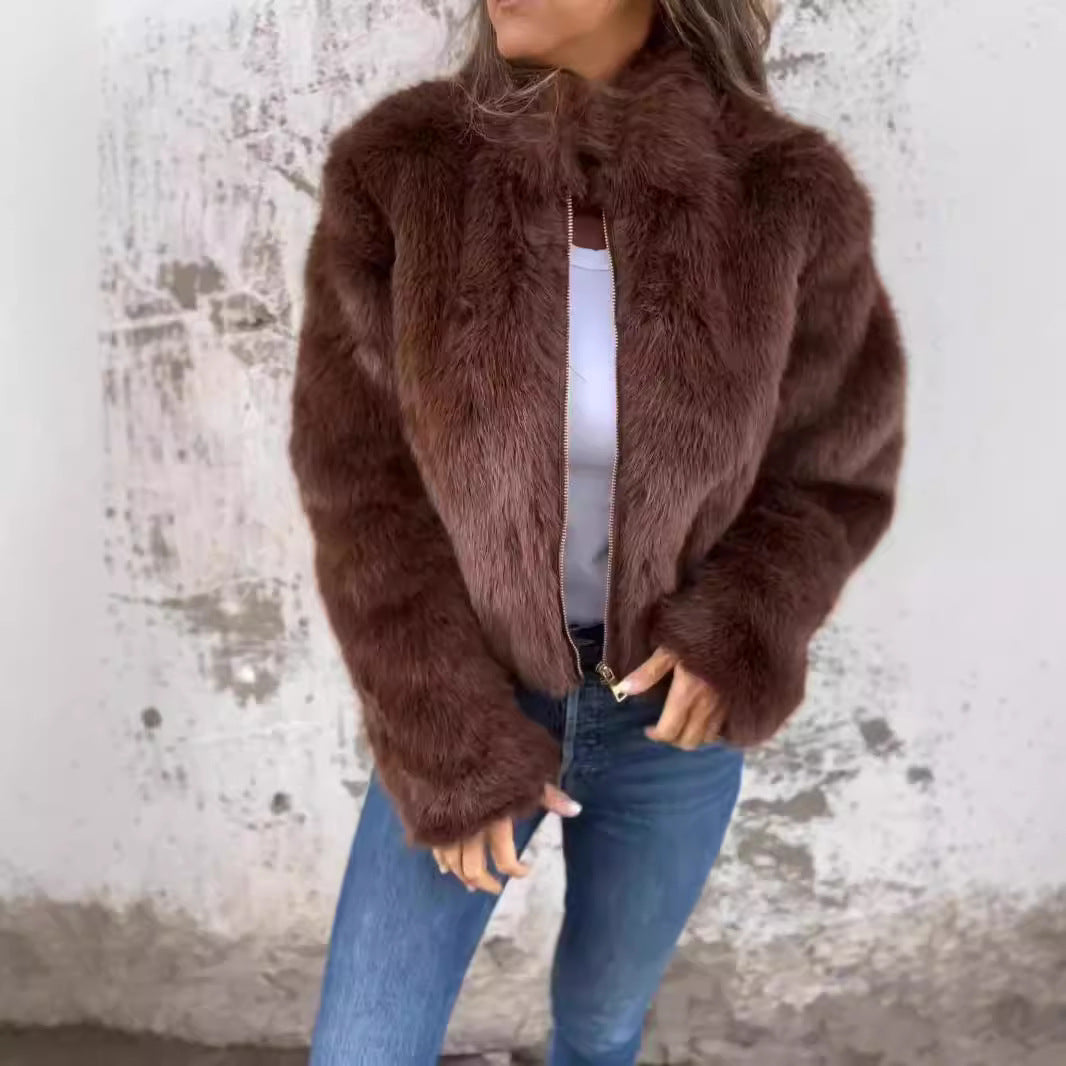 Faux Fur Jacket Women Zip Closure Stand-Up Collar Fluffy Design - 4 - Stylewhipped